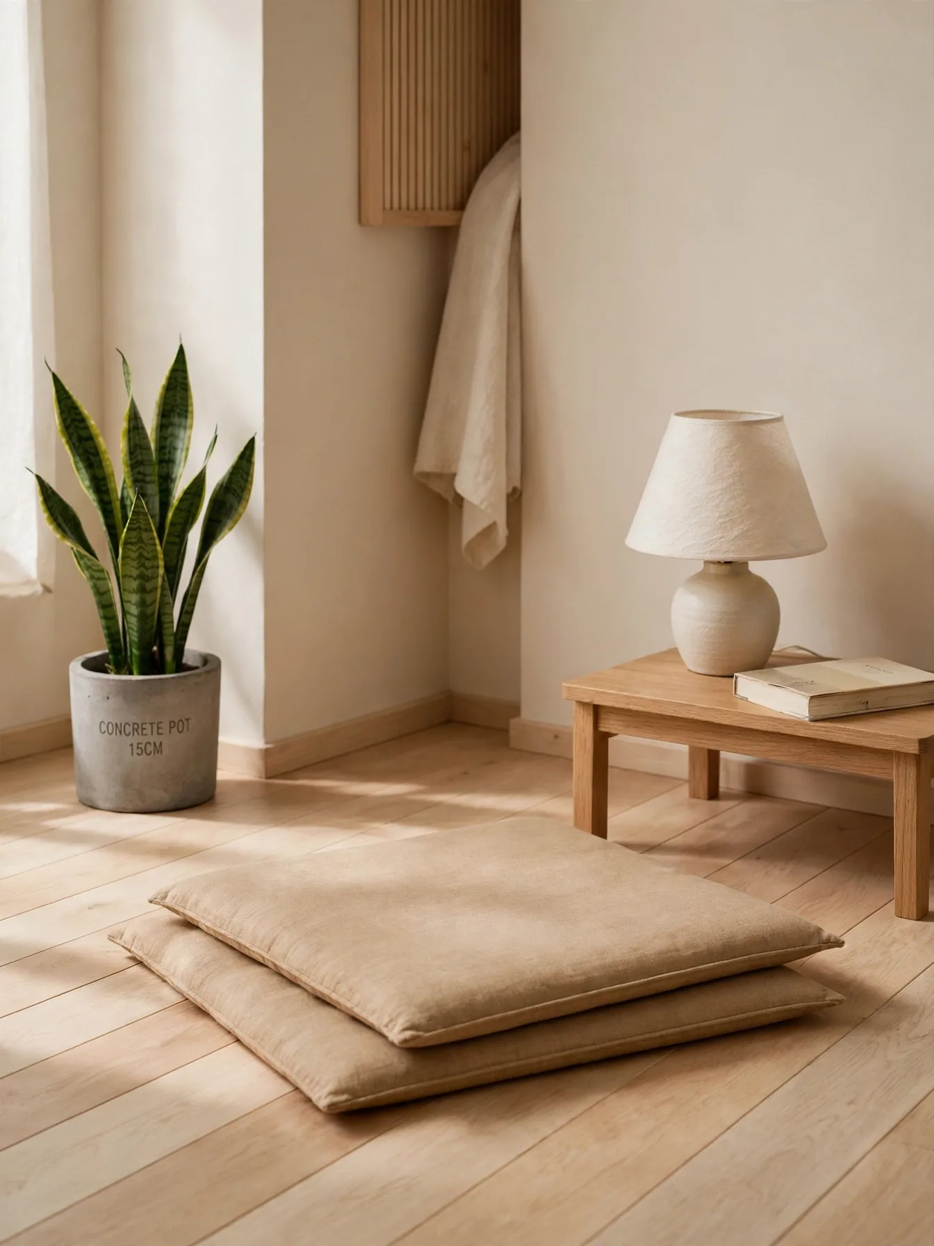 Japandi floor reading nook with layered cushions, low table, and single lamp