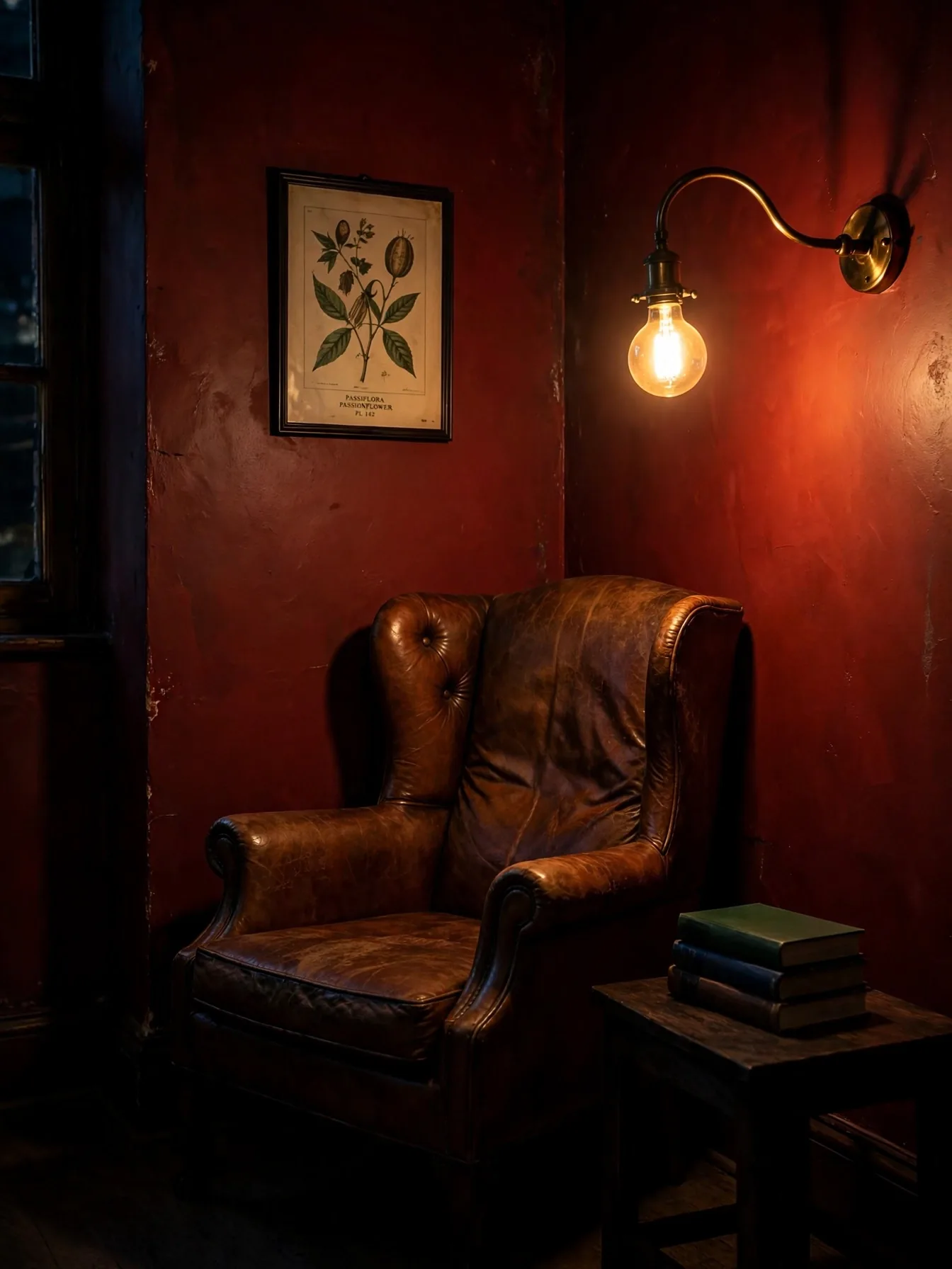 Moody dark academia reading nook with oxblood walls, leather chair, and brass lamp