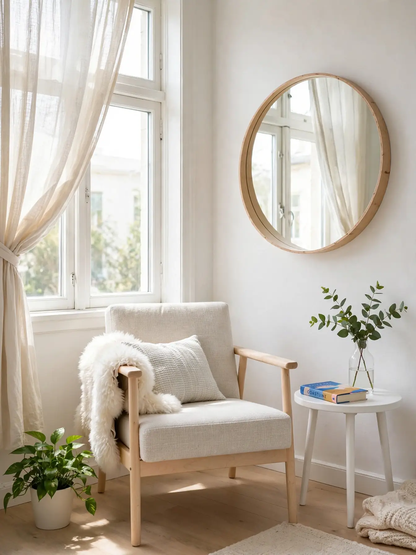 Bright Scandinavian reading nook with pale wood chair, sheepskin throw, and mirror