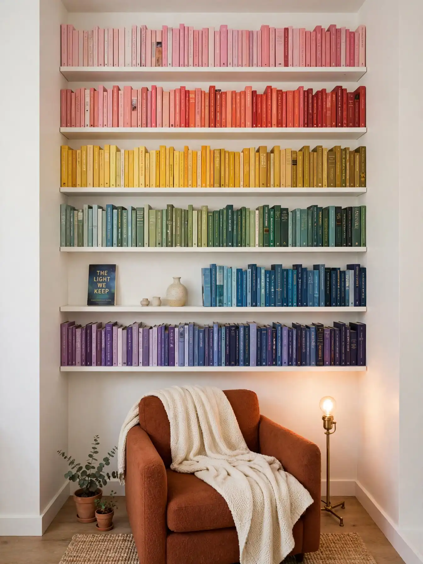 Mini home library wall of shallow shelves behind a rust armchair in a small apartment