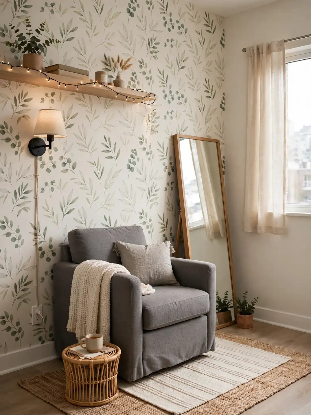 Renter-friendly no-drill reading nook with peel-and-stick wallpaper and plug-in sconce