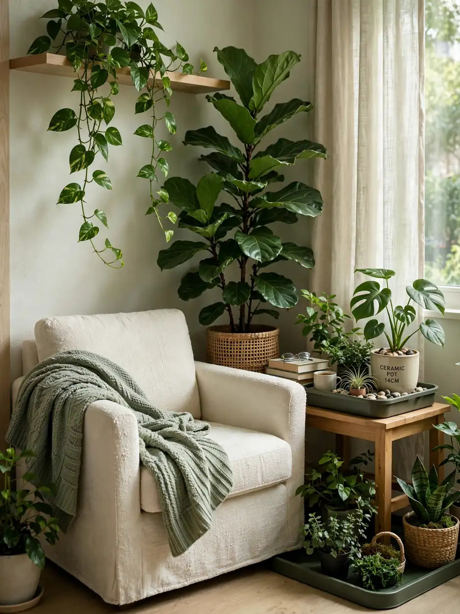 Plant-filled reading nook with cream armchair surrounded by varied houseplants