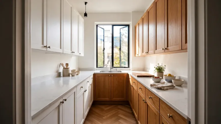 Small kitchen layout ideas for a bright galley kitchen with parallel counters