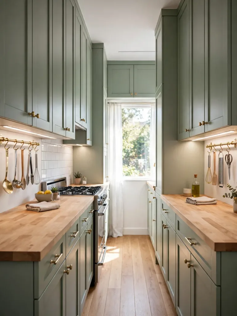 Classic galley kitchen layout with parallel counters and a straight aisle