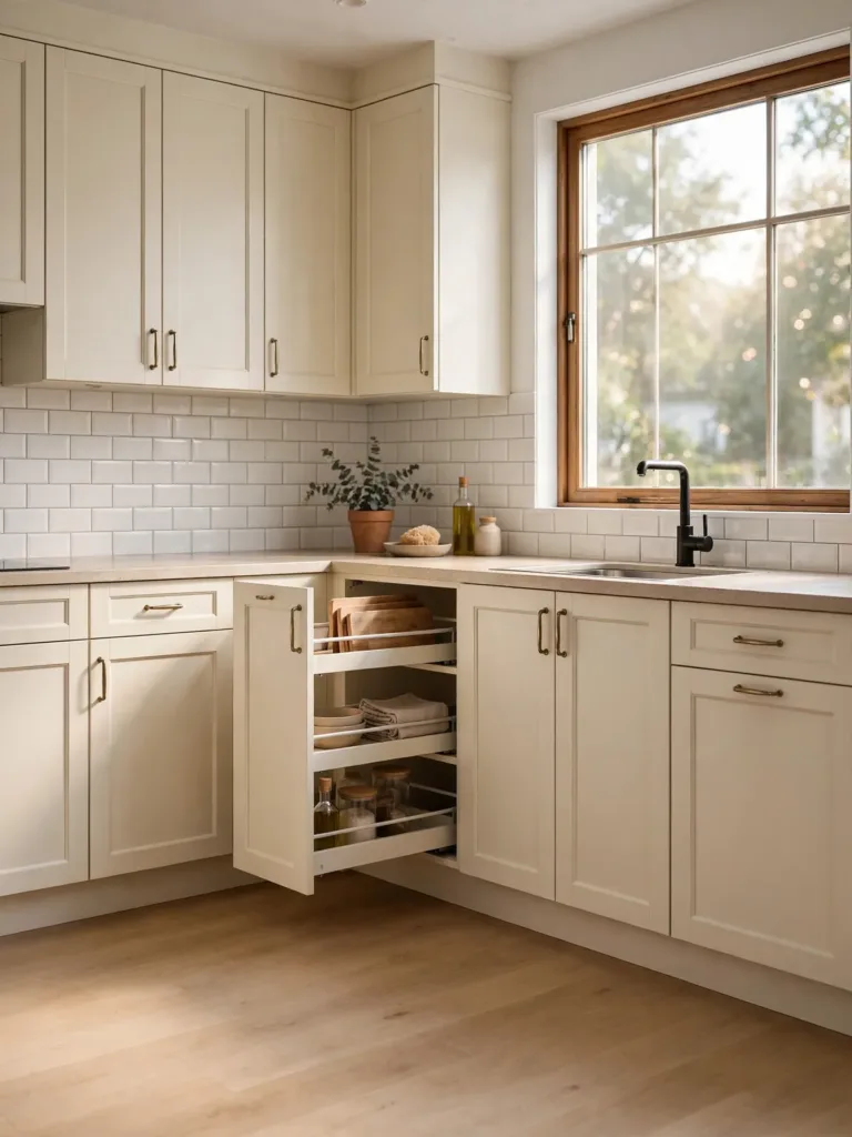 L-shaped small kitchen layout with an open floor and window