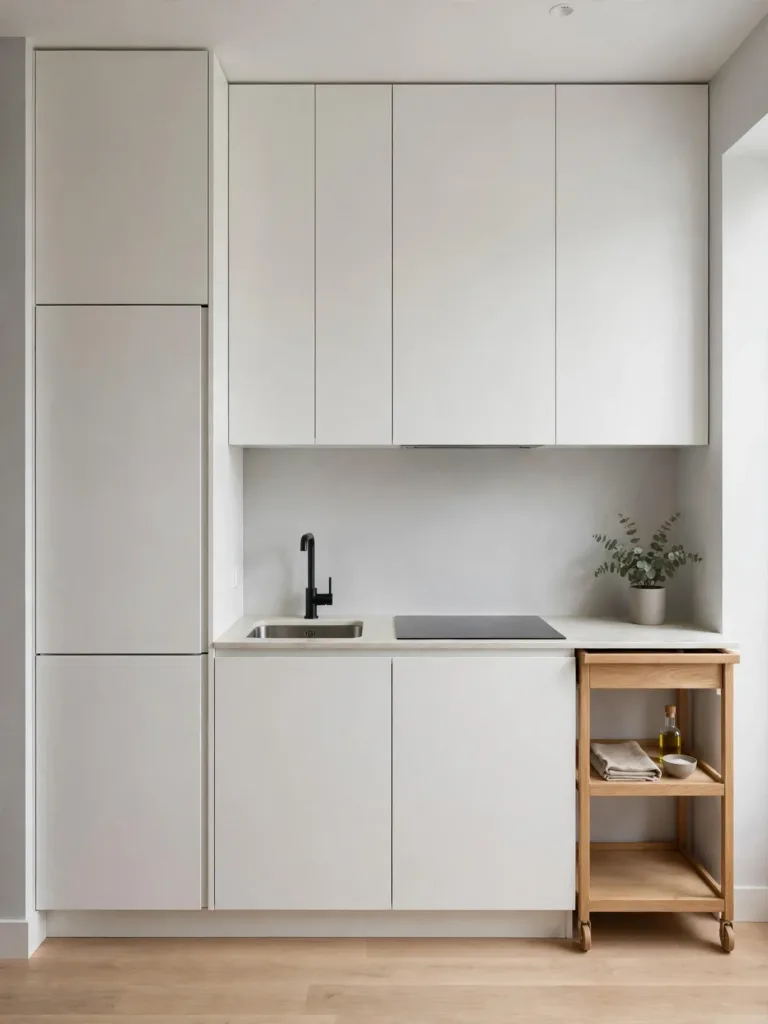 One-wall kitchen layout in a studio apartment with floor-to-ceiling cabinets