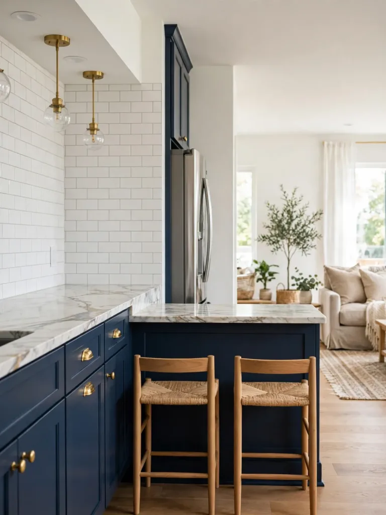 Broken galley kitchen layout opening into the living area