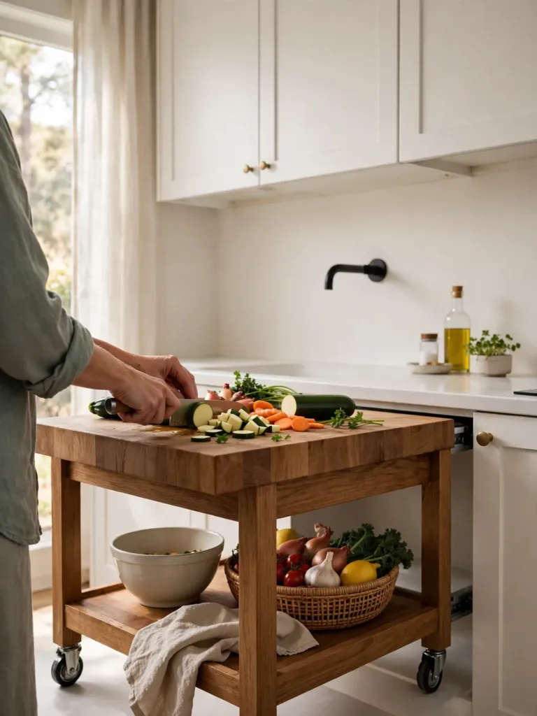 One-wall kitchen with a rolling butcher block island cart