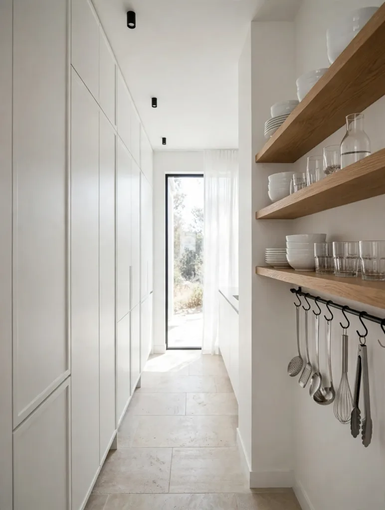 Galley kitchen layout with open shelves on one wall