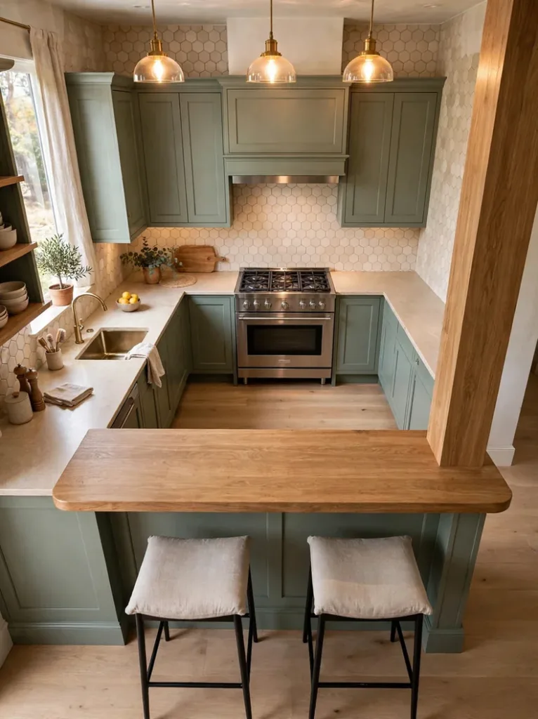 G-shaped kitchen layout with a peninsula cooking bay