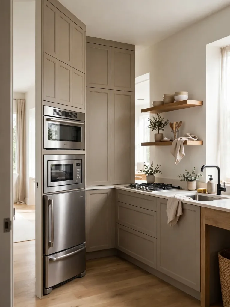 L-shaped kitchen with tall appliance cabinets on one wall