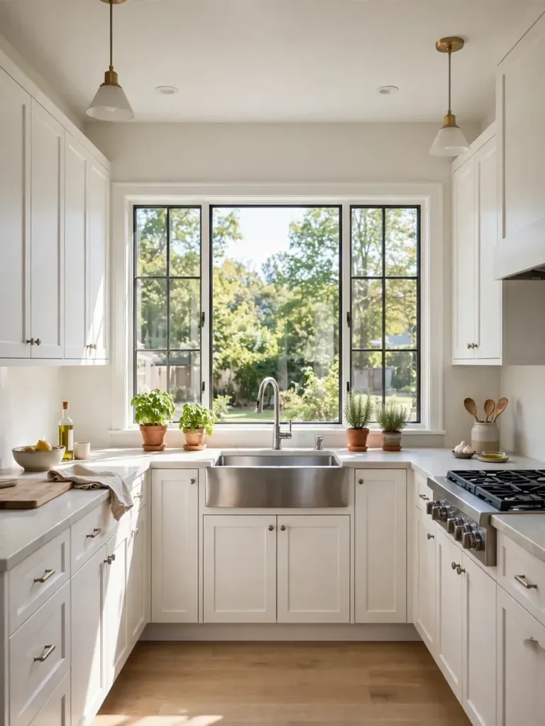 U-shaped kitchen with the sink under a large window