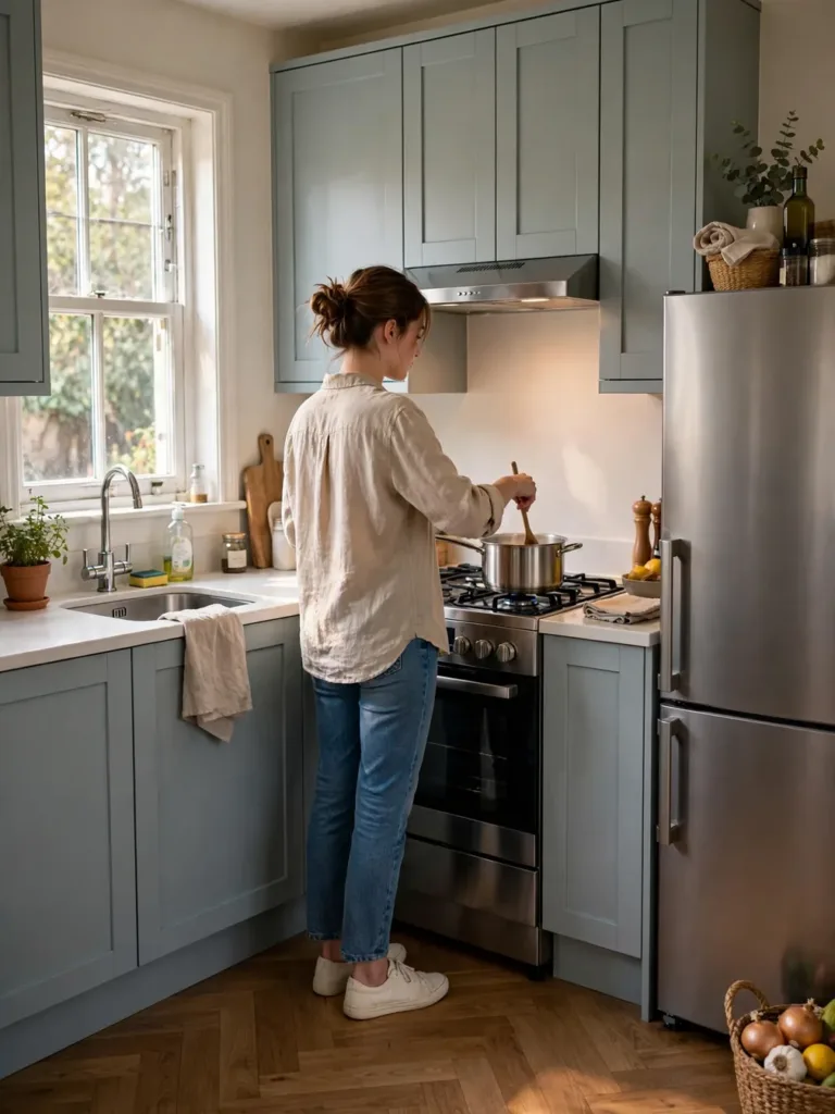 Small kitchen layout planned around a tight work triangle