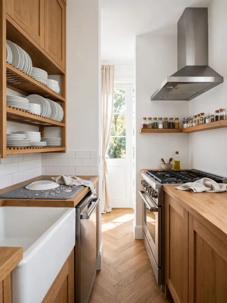 Galley kitchen with sink dishwasher and dish storage grouped in one wet zone