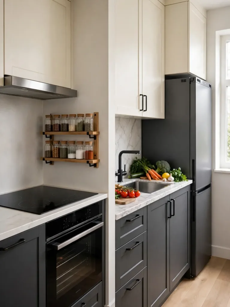 Tiny kitchen split into hot cooking zone and cold prep zone