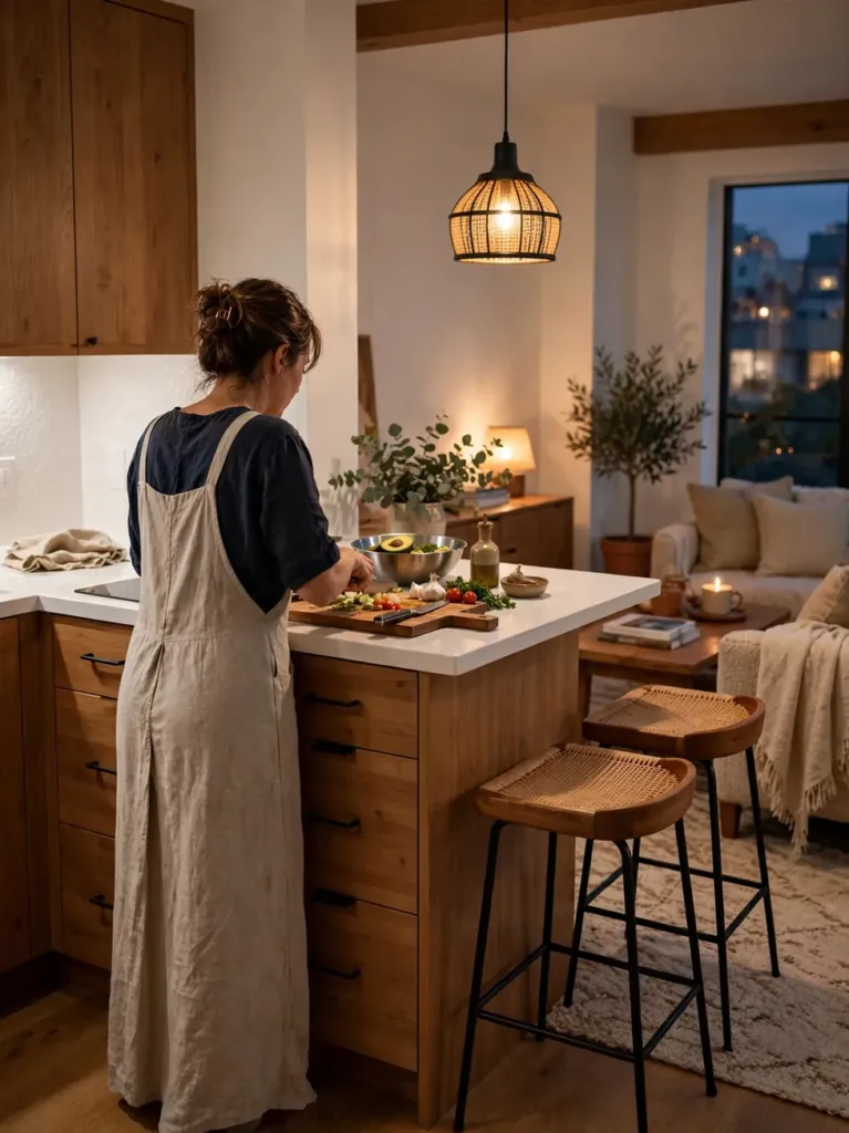 Studio apartment kitchen divided from the living room by a peninsula