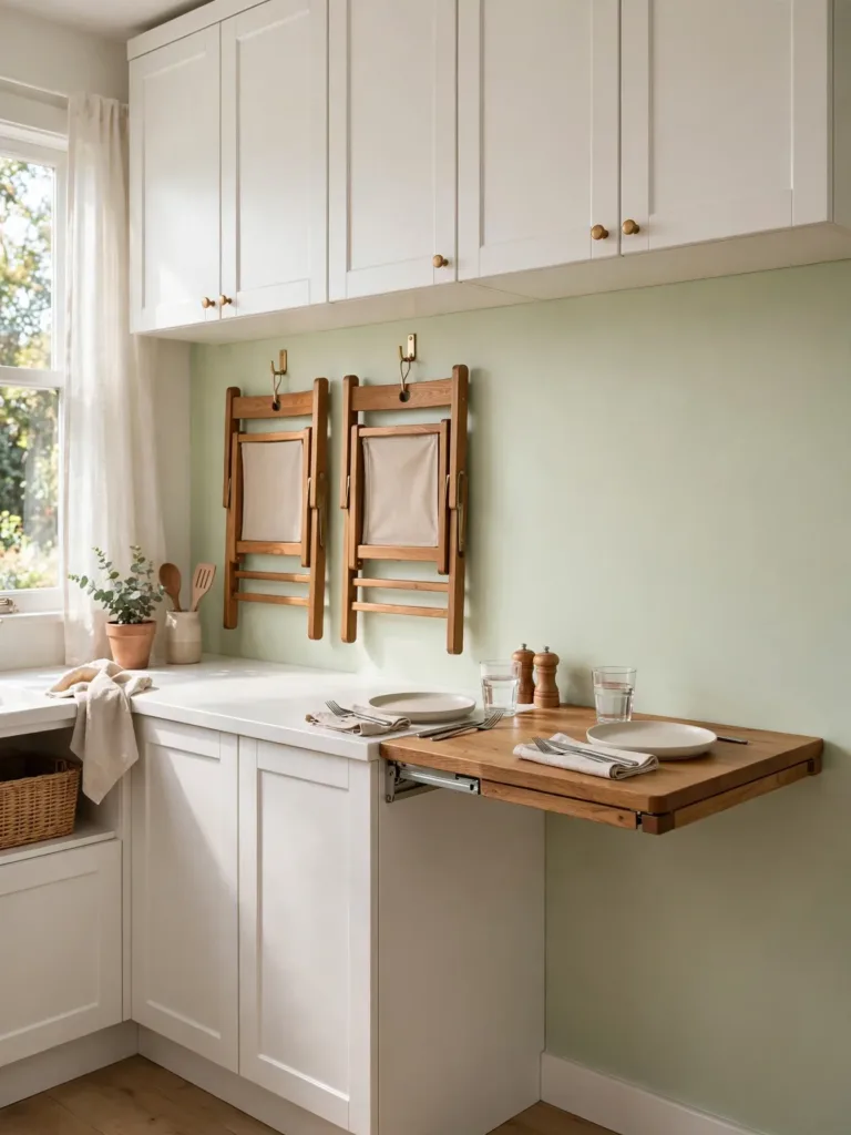 One-wall kitchen with a fold-down wall table for dining
