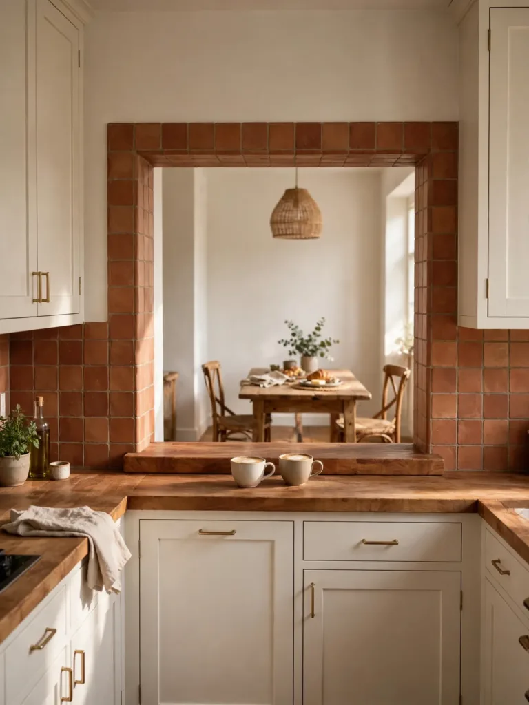 Galley kitchen with a pass-through serving window to the dining room