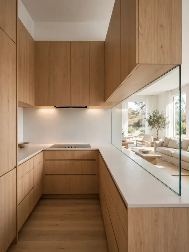 U-shaped kitchen with a glass backsplash wall borrowing living room light