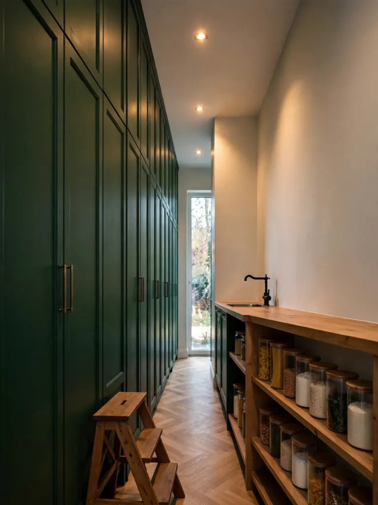 Narrow kitchen with floor-to-ceiling tower cabinets and a step stool