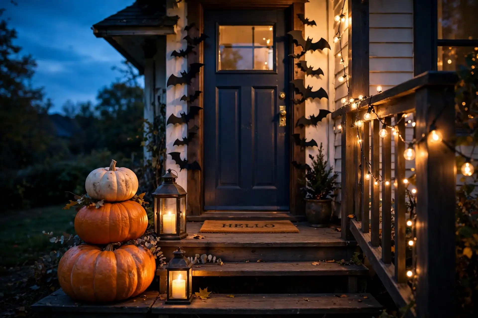 Small outdoor Halloween decor ideas on a cozy front porch at dusk with pumpkins and lanterns