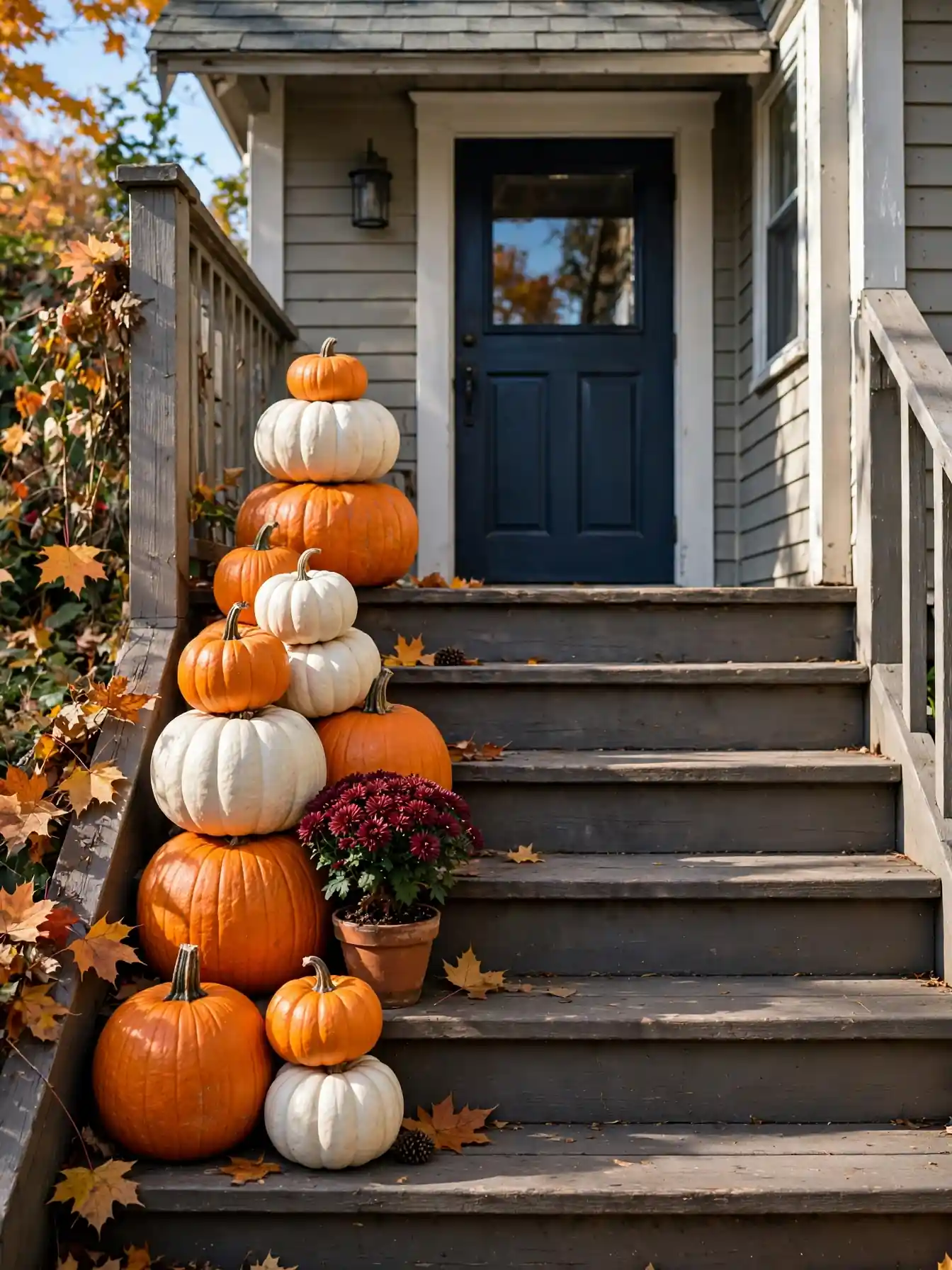 Stacked pumpkins of different sizes arranged on narrow front steps for Halloween