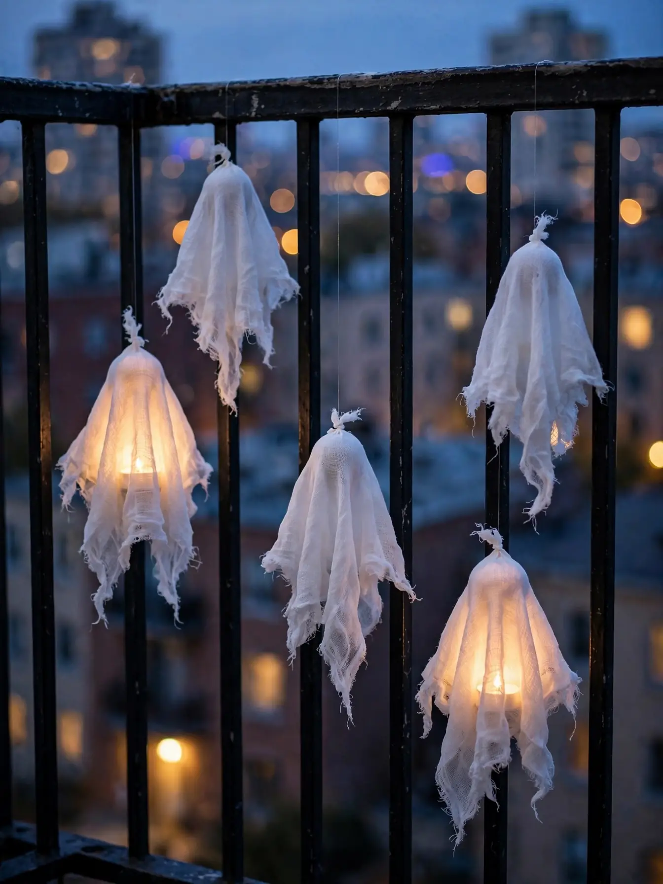 White cheesecloth ghosts hanging from a small apartment balcony railing