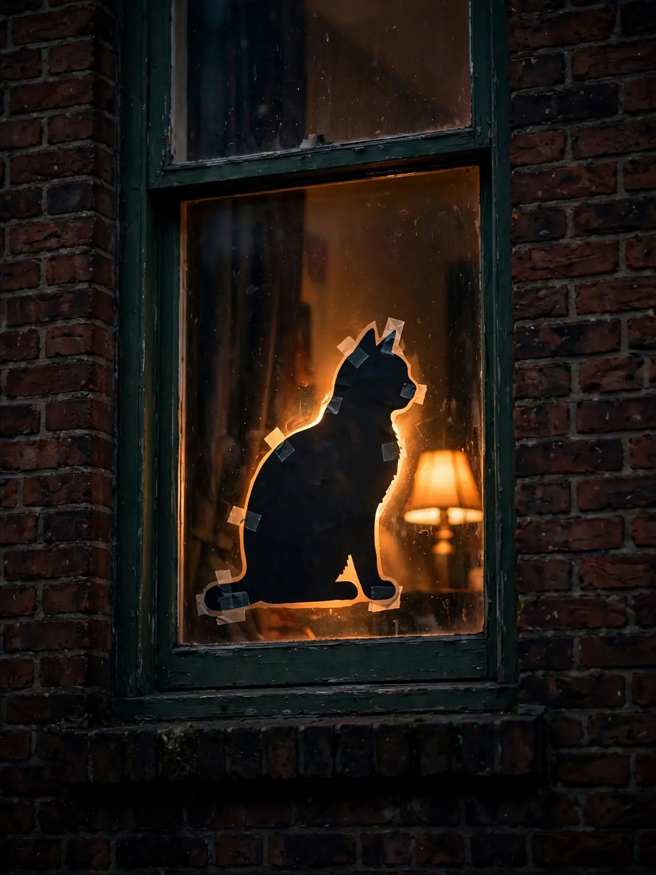 Black cat silhouette glowing in an apartment window decorated for Halloween