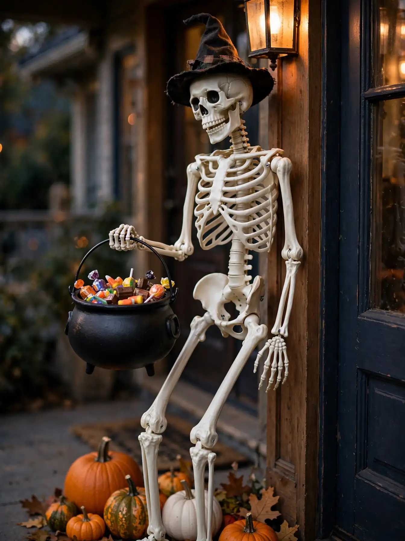 Posable skeleton figure greeting guests beside a front door with Halloween decor