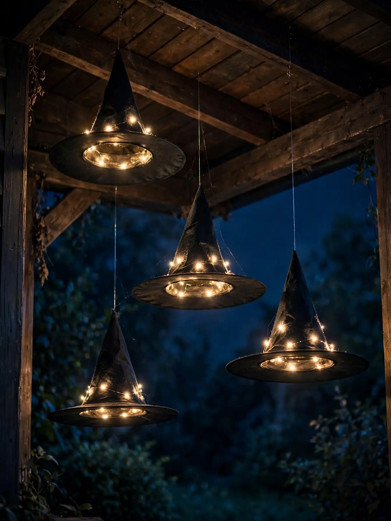 Witch hats with fairy lights floating above a small porch entry at night