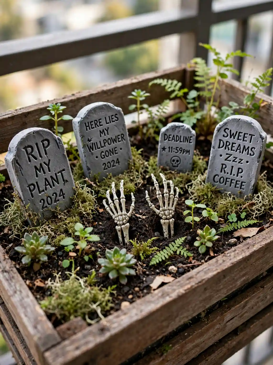 Miniature Halloween graveyard with tiny tombstones in a balcony planter box