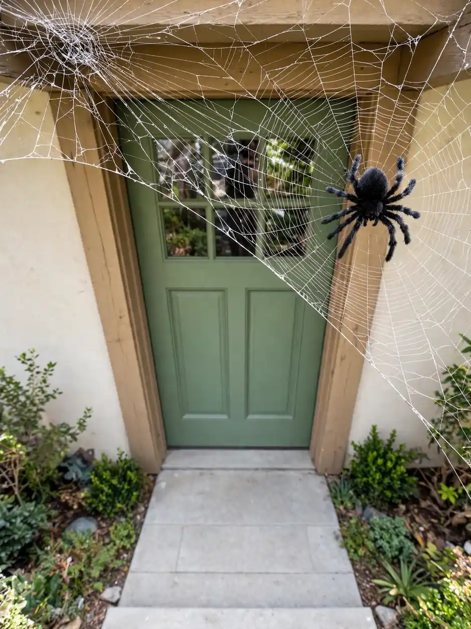 Stretchy spider web with a large spider decorating one corner of a small porch