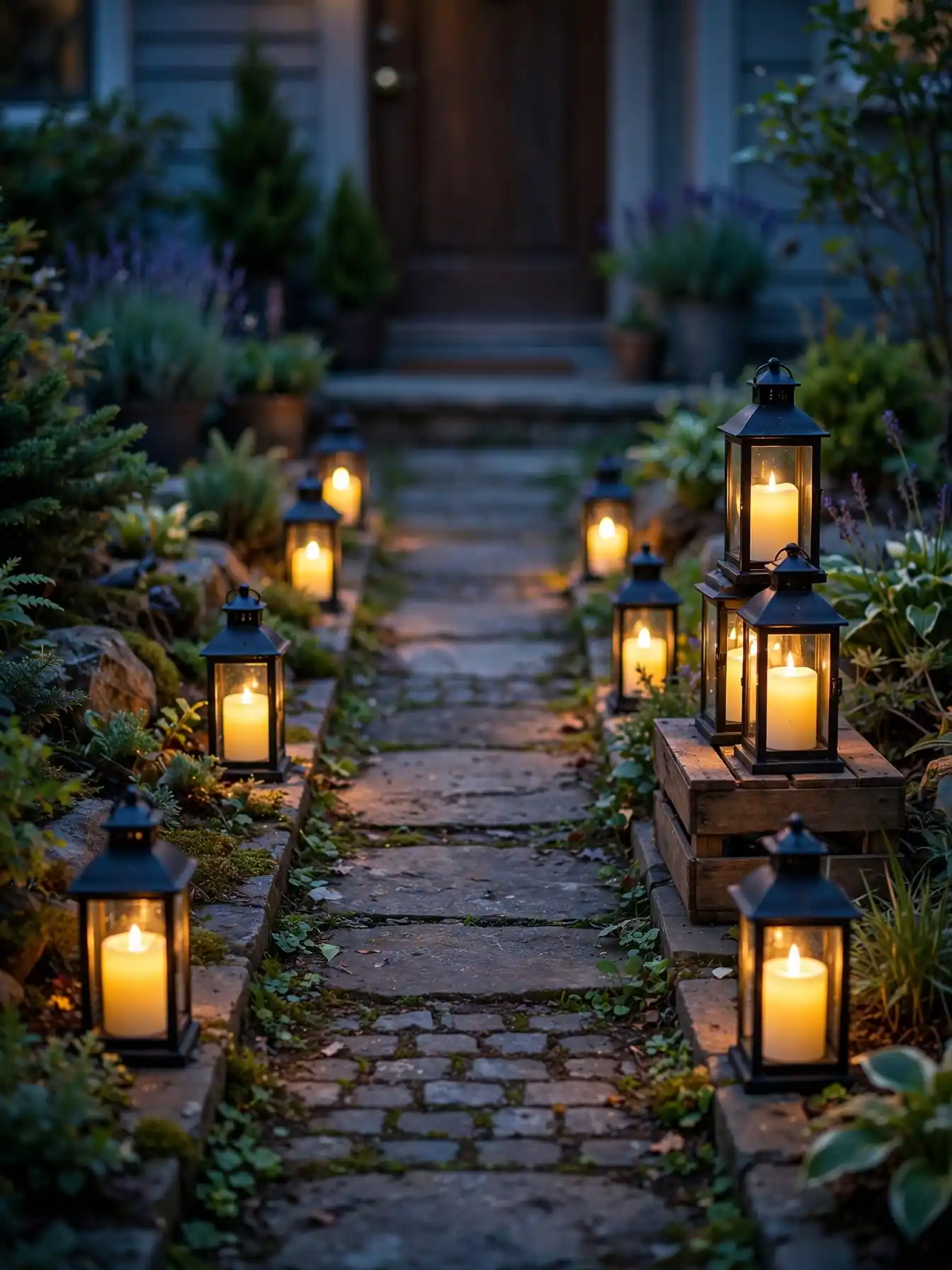 Small lanterns with LED candles lining a tiny front walkway for Halloween