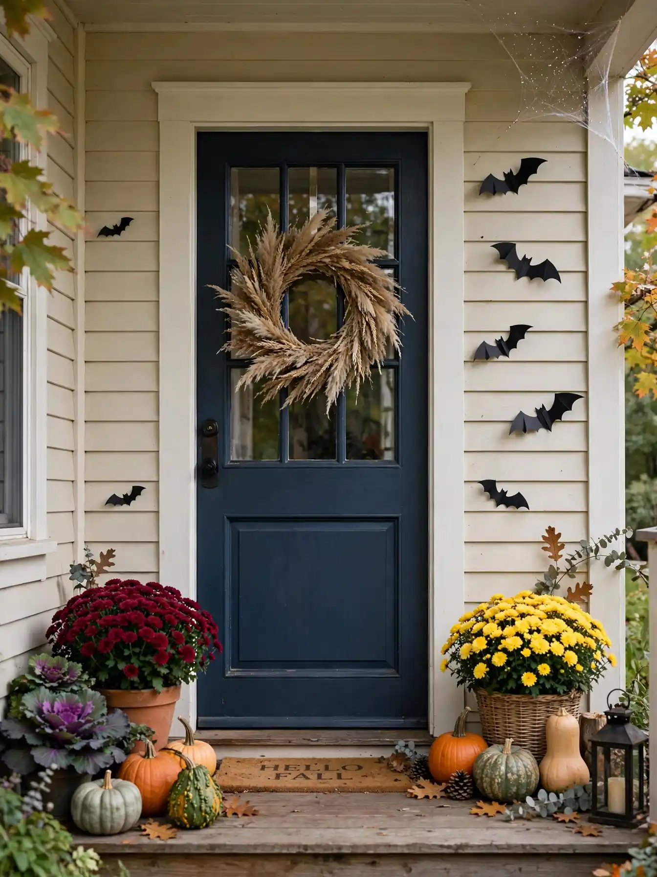Fall porch base with mums and pumpkins plus subtle Halloween accents