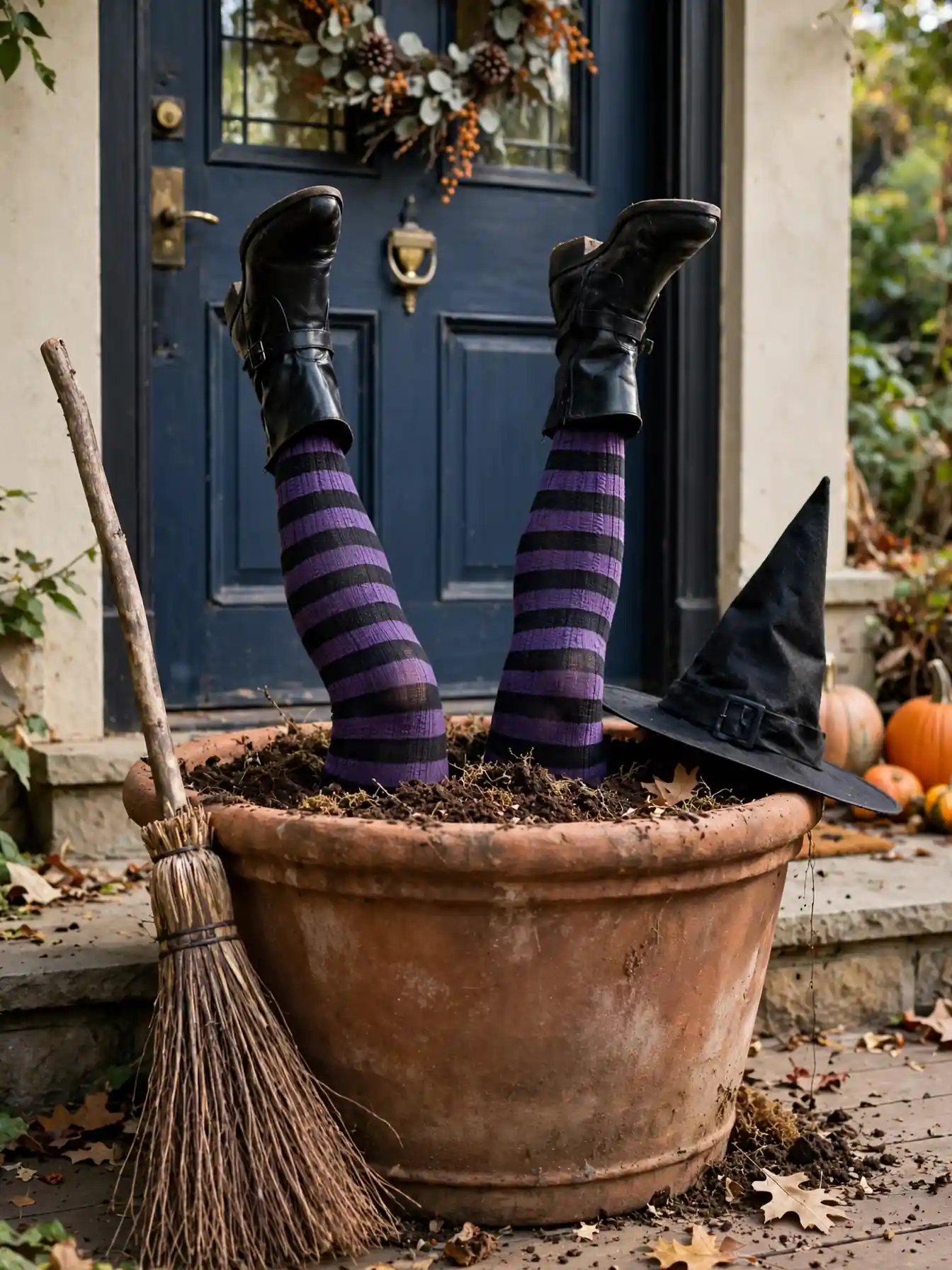 Witch legs with striped stockings sticking out of a large outdoor planter