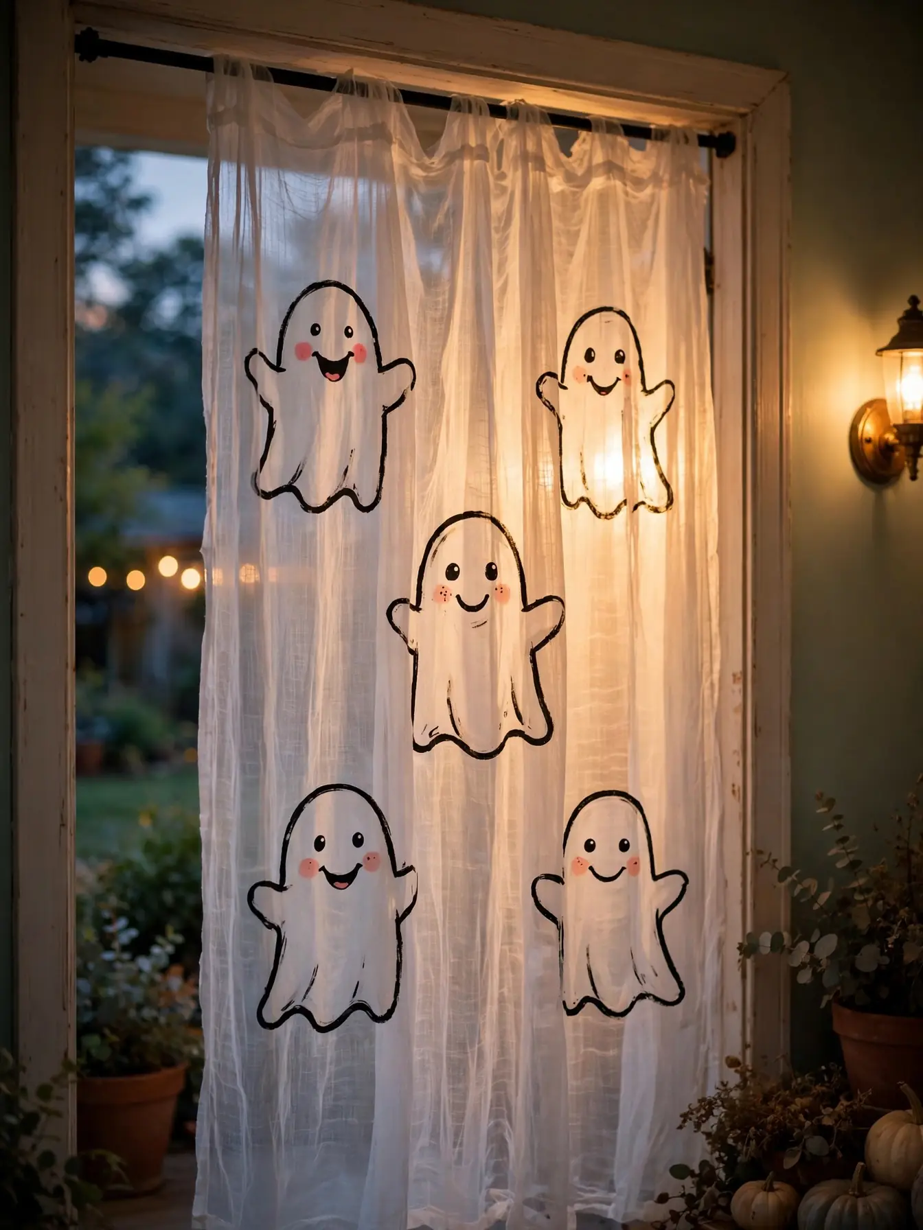 Sheer white ghost curtain with painted faces hanging over a doorway