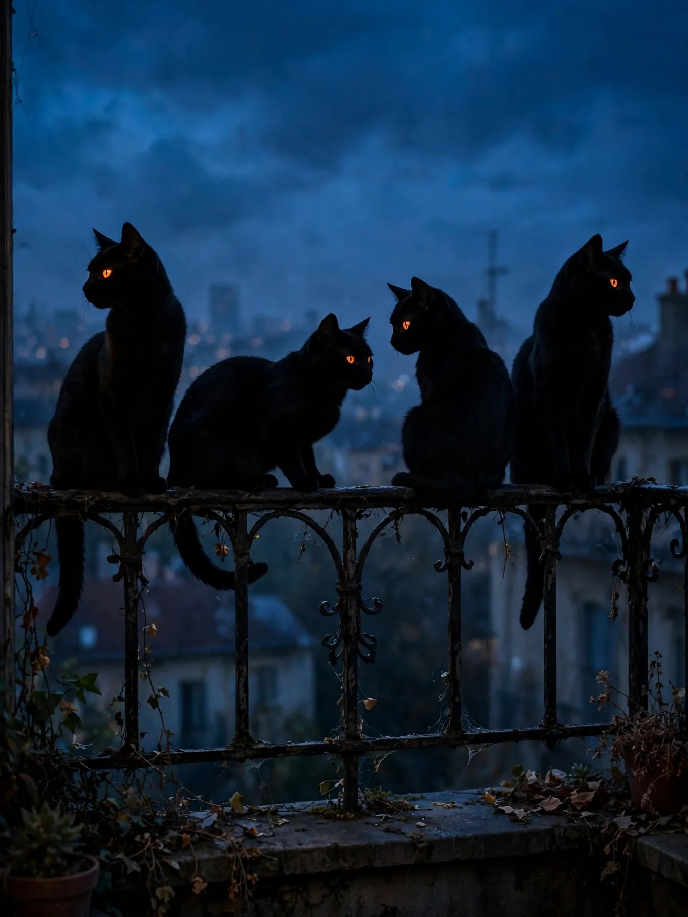 Black cat figures with glowing eyes perched on a balcony railing at dusk