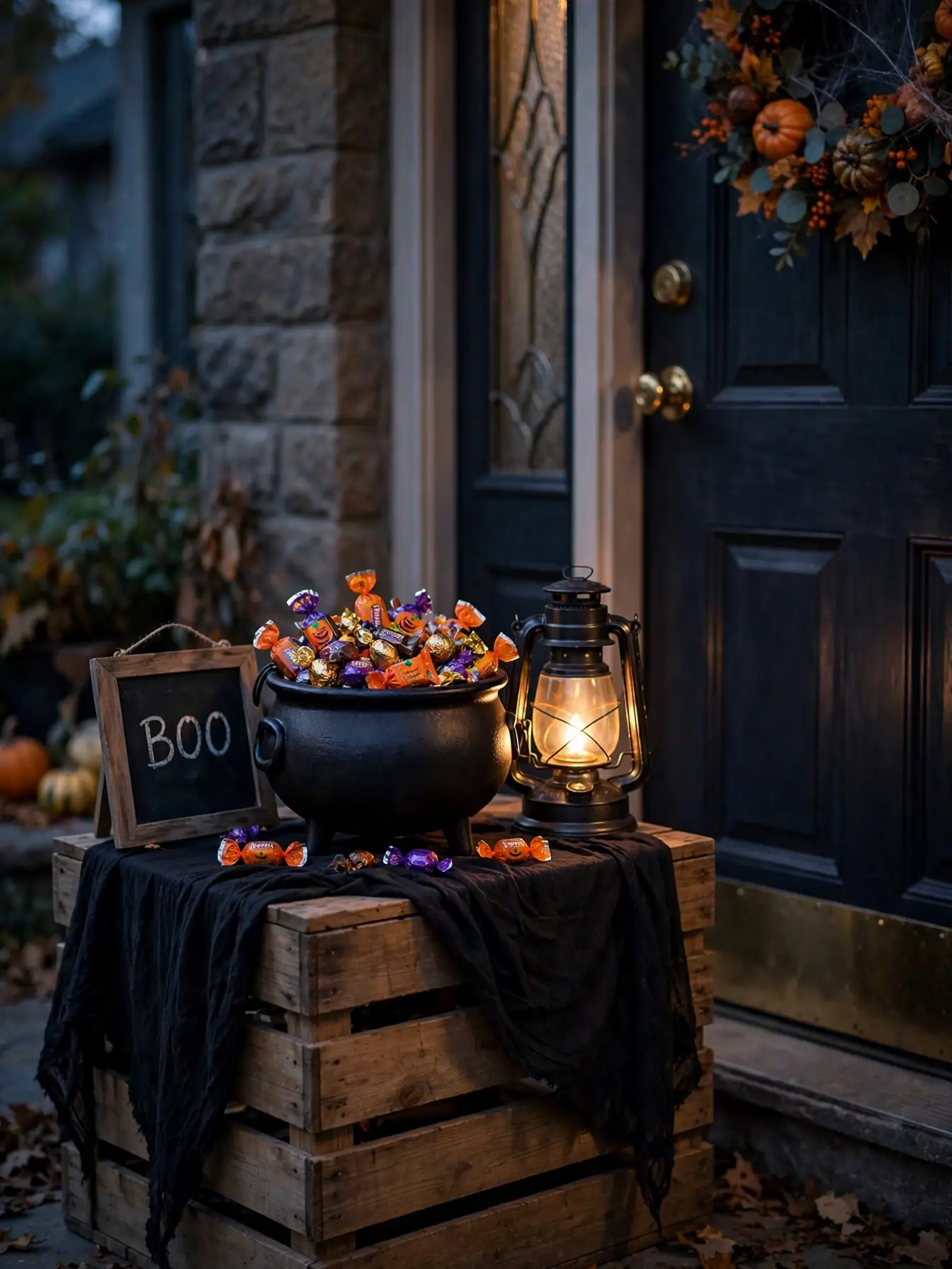 Decorated candy station with a Halloween bowl on a small table by the front door
