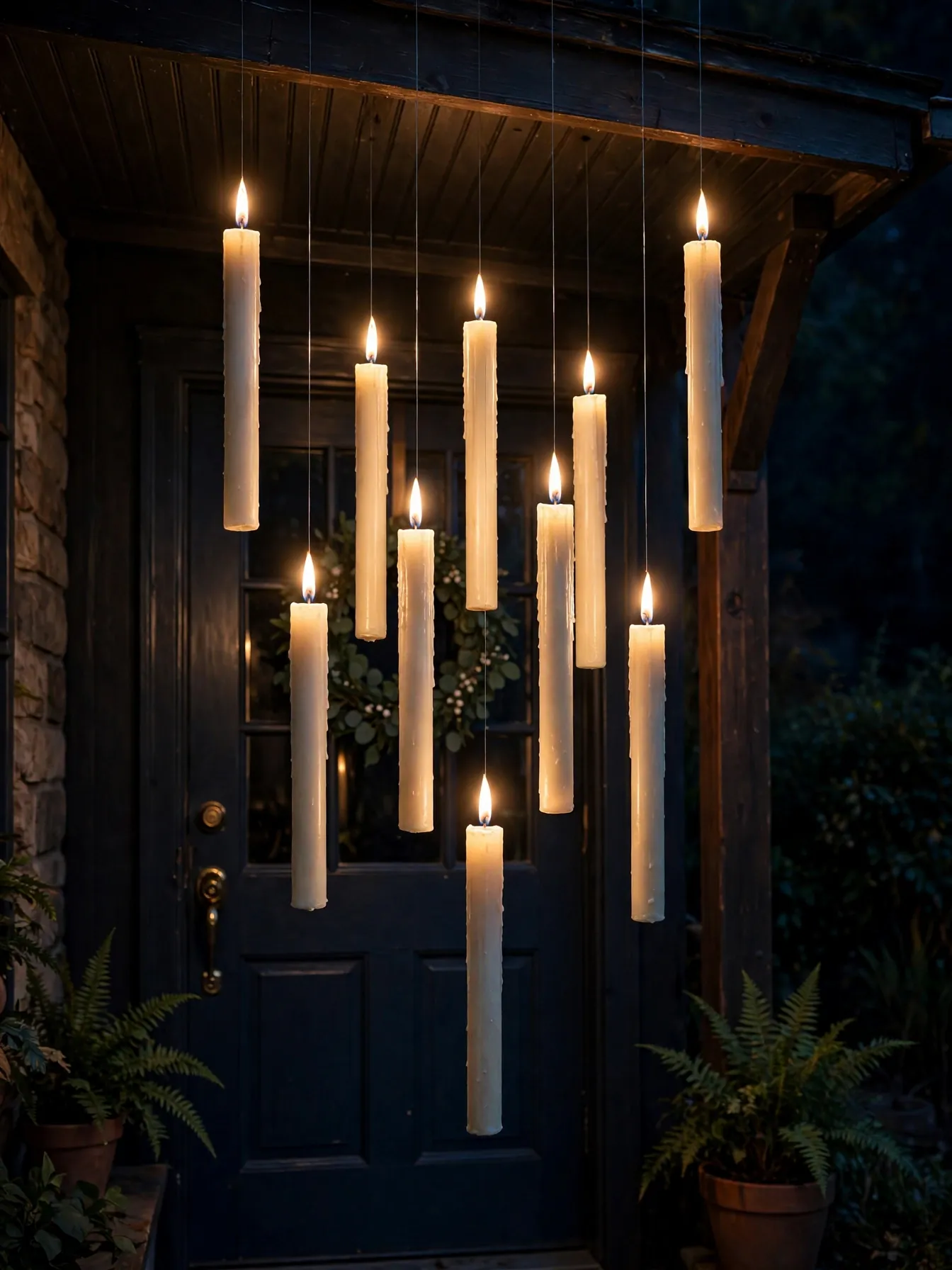 Floating LED candles hanging at different heights under a porch awning