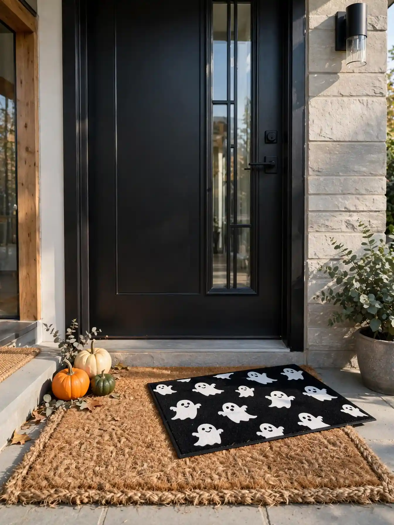 Layered Halloween doormats with a spooky mat on top of a larger neutral one