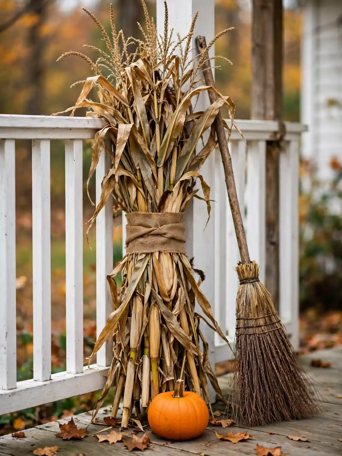 Cornstalks tied to a porch railing with a witch broom for Halloween