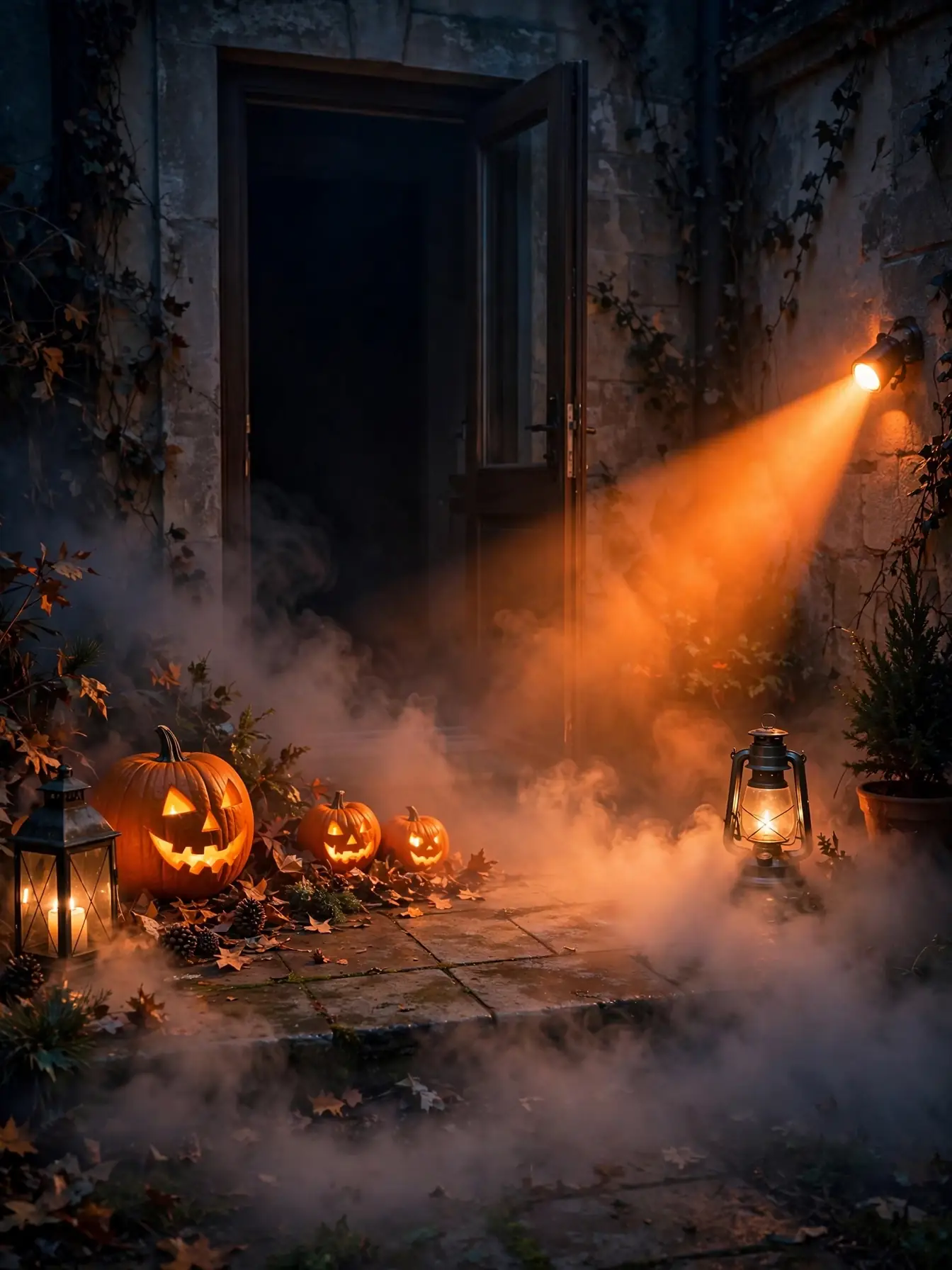 Low fog rolling across a tiny patio decorated for Halloween night