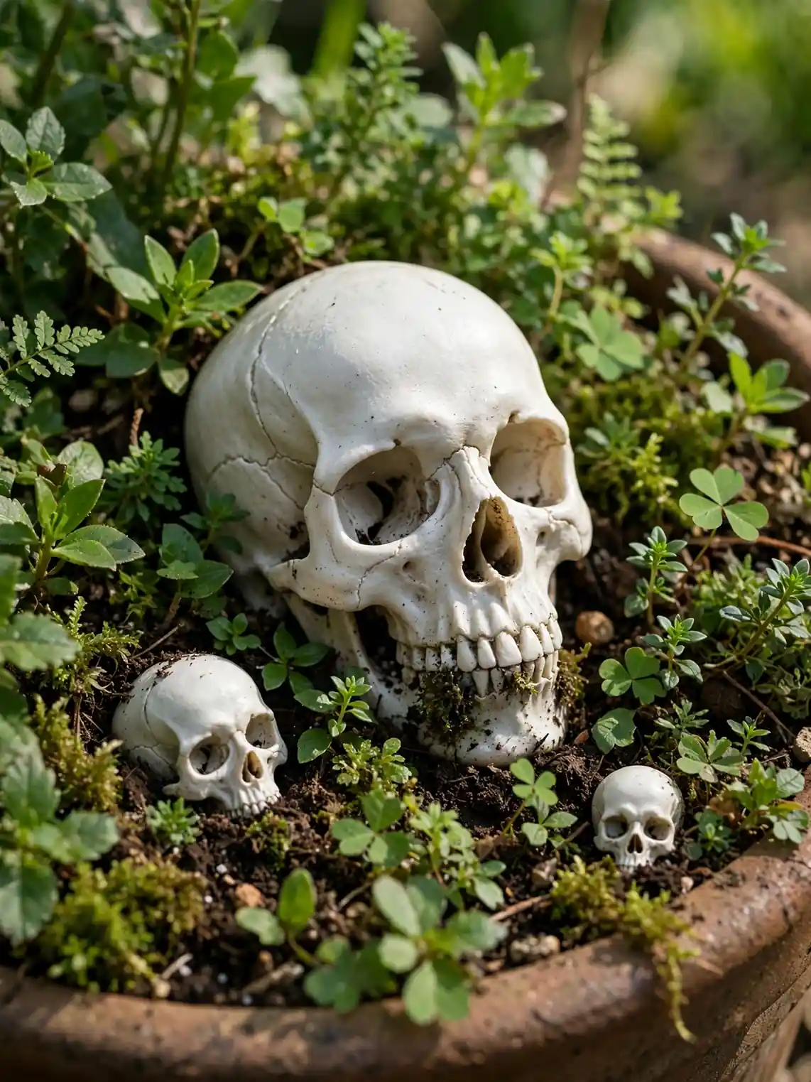 Small decorative skulls tucked among green plants in outdoor planters