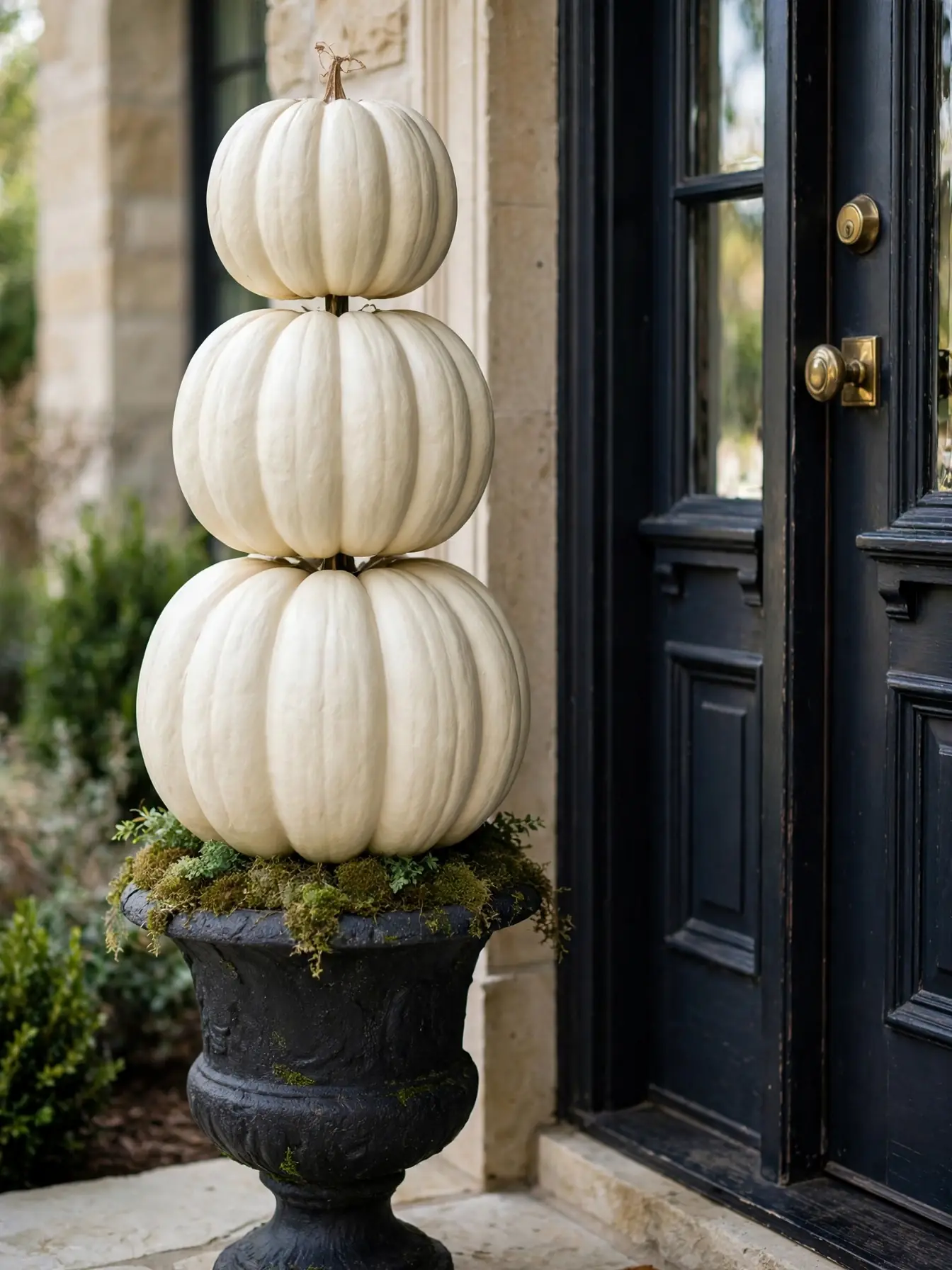 Stacked faux pumpkin topiary in an urn beside a front door
