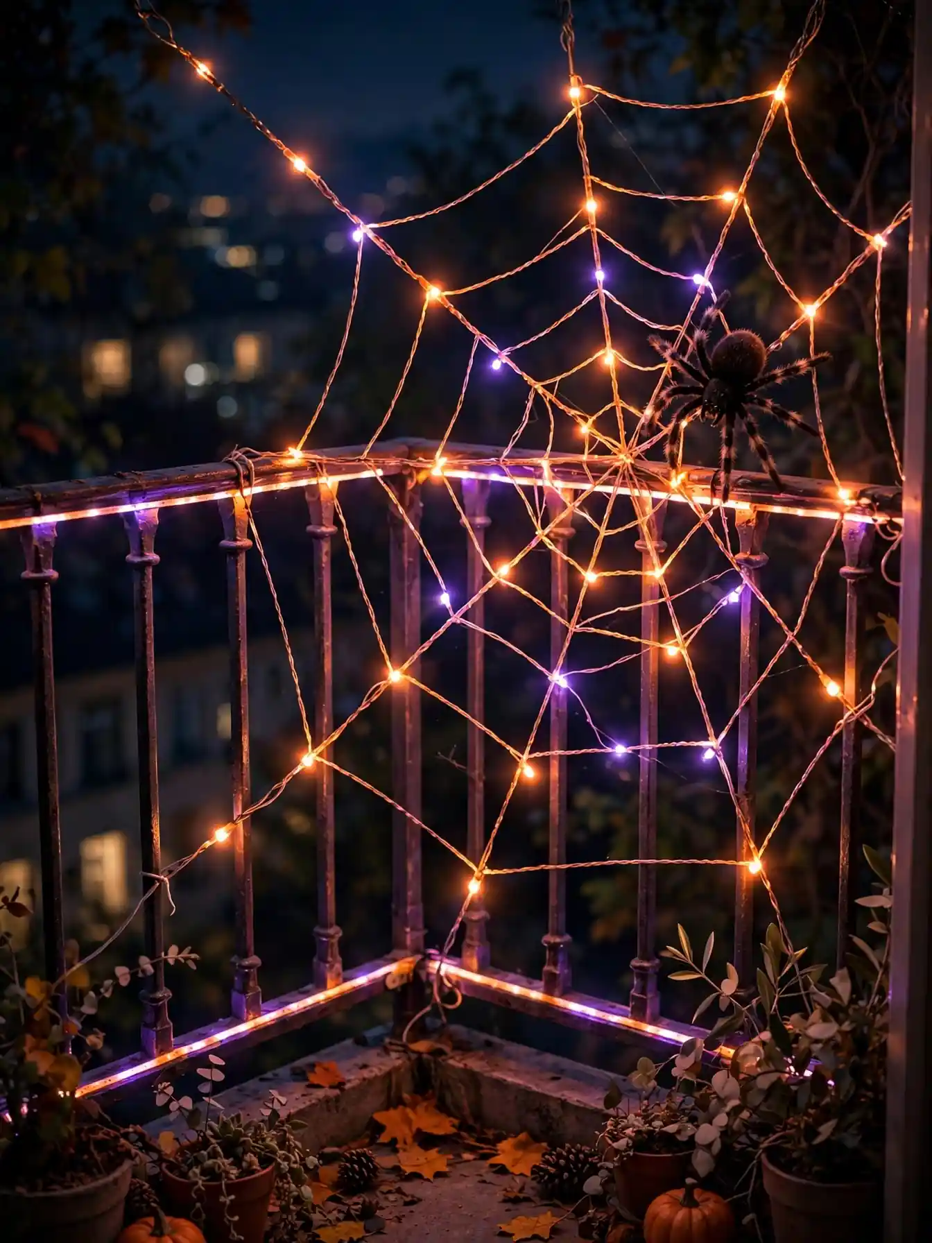 Orange and purple string lights woven in a web pattern across a balcony railing