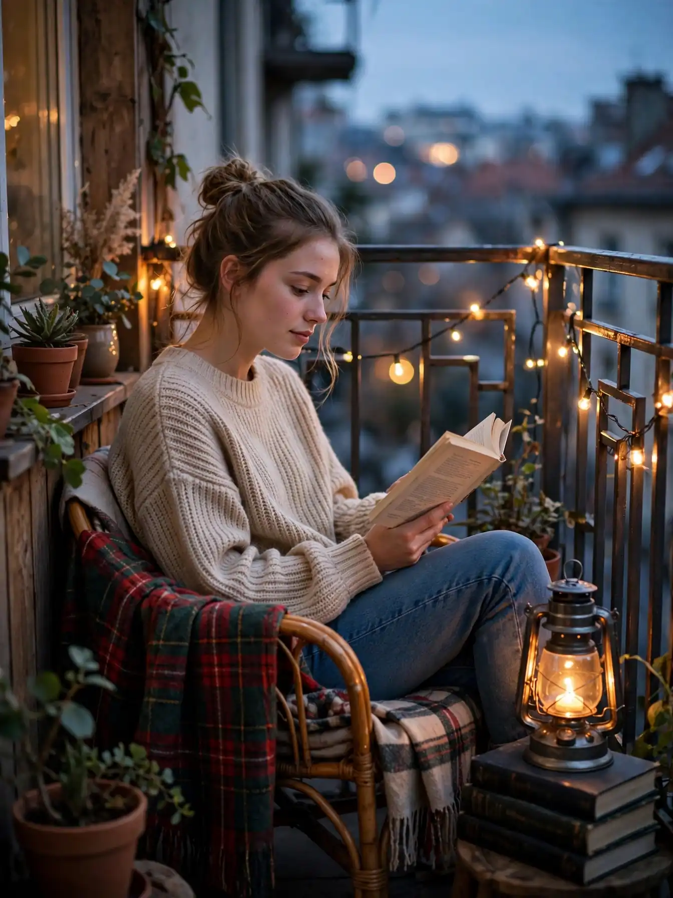 Cozy spooky balcony corner with a chair throw blanket lanterns and books