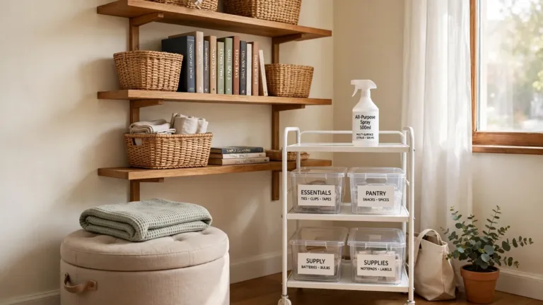 Small space storage ideas in a bright apartment living room with floating shelves, labeled storage bins, and a storage ottoman