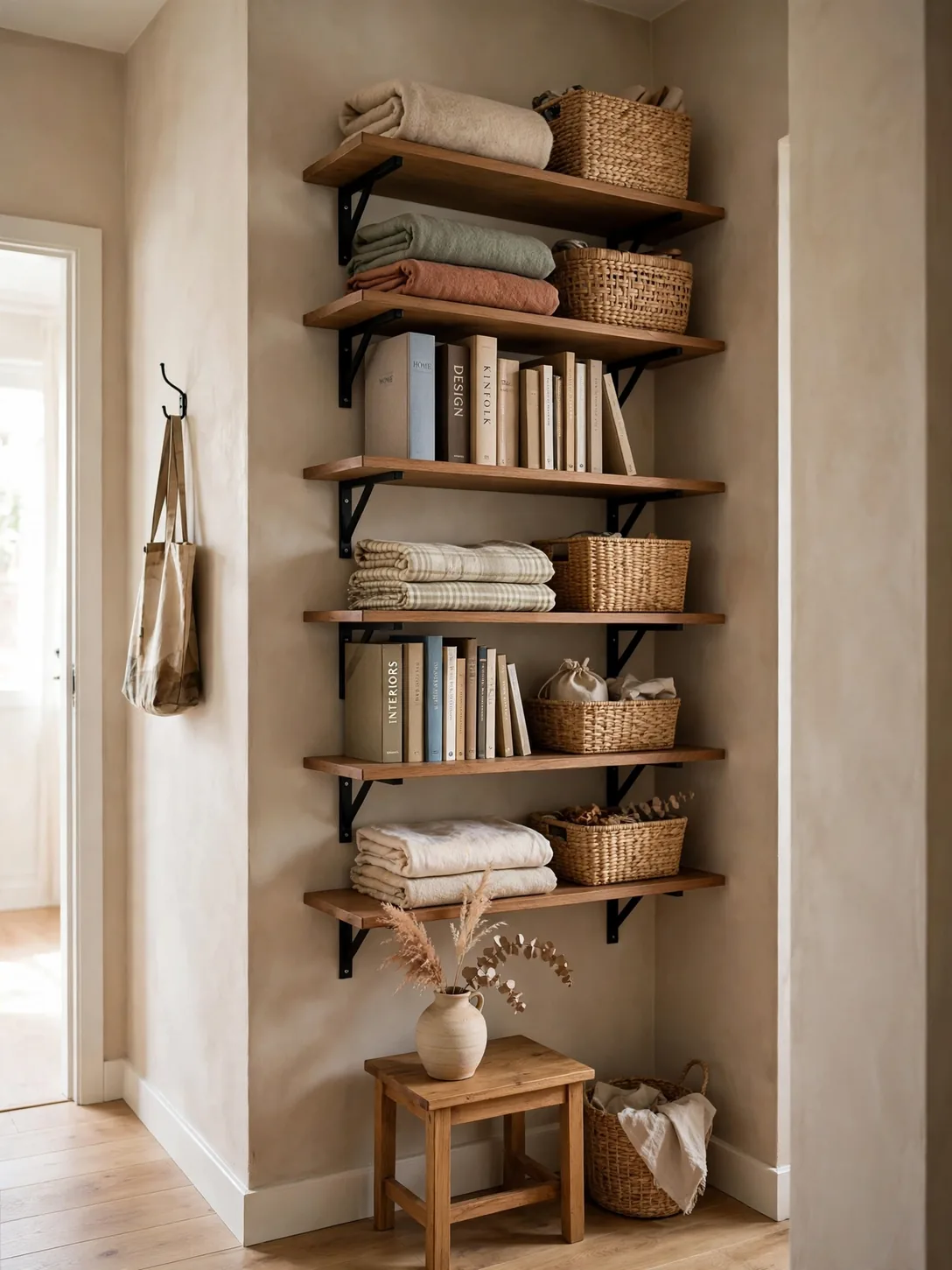 Floor-to-ceiling floating shelves with woven baskets and books in a small hallway corner