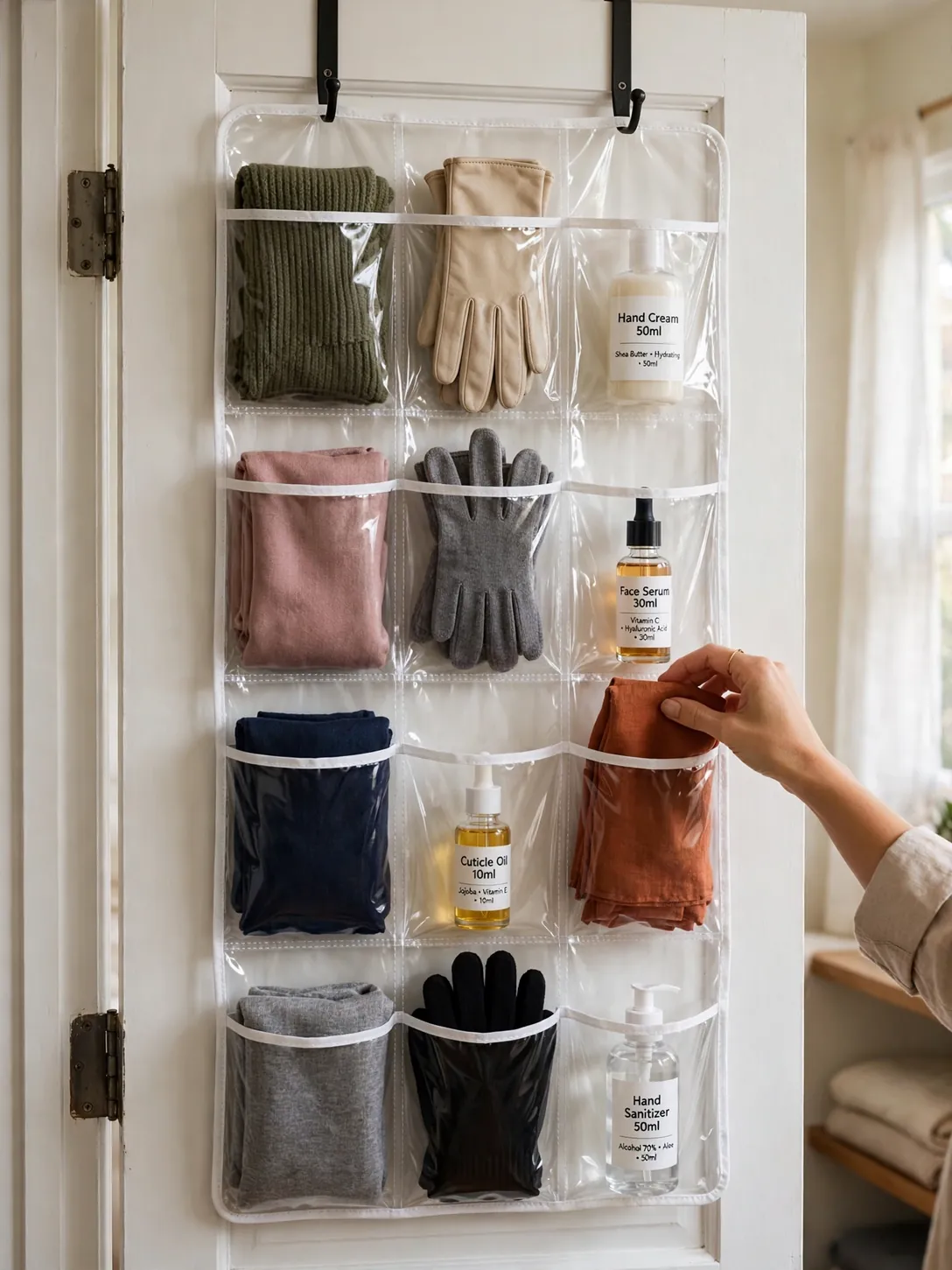 Clear-pocket over-the-door organizer holding scarves and small bottles on a bedroom door