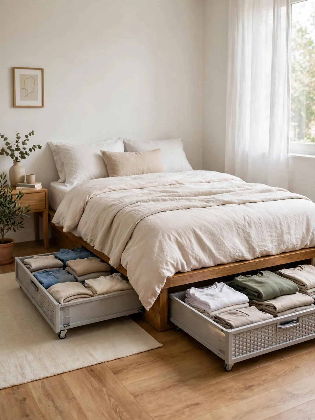 Rolling under-bed drawers pulled out showing folded clothes in a bright bedroom